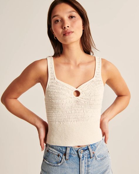 Women's Cinched Cutout Crochet Tank | Women's Tops | Abercrombie.com Lacy Tank Top, Crochet Tank Top, Knit Bottom, Crochet Tank, American Clothing, Navy Lace, Sweater Tank Top, Comfy Fashion, Striped Tank Top