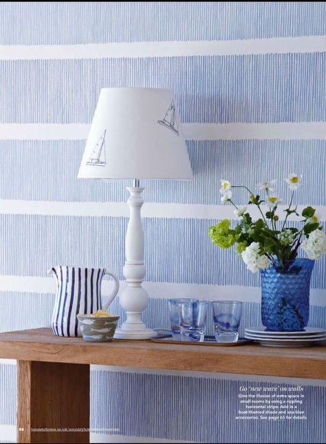 Coastal Pattern Wallpaper, Coastal Stripe Wallpaper, Striped Wallpaper Bathroom, Blue Striped Walls, Striped Accent Walls, Foyer Wallpaper, Rental Ideas, Coastal Wallpaper, Nautical Accessories