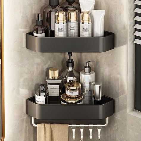 PRICES MAY VARY. 【SPACE ORGANIZER】These shower caddy are designed for organizing your space,ONLY for 90°corner, ideal for storing your shampoo,body wash ,cream and more, no drilling required,no damage to wall, easy to install and also can be removed to where you need. 【NEW DESIGN】This shower shelf is our newest model for 2021. Its design adds a simple and elegant décor to the room. A detachable bar with 4 adjustable hooks are included; no only can you store bathroom amenities on the shelf, but a Gray Bathroom Accessories, Corner Shower Caddy, Square Bath, Shower Rack, Bath Shelf, Metal Bathroom, Shower Organization, Bathroom Storage Racks, Bathroom Hardware Set