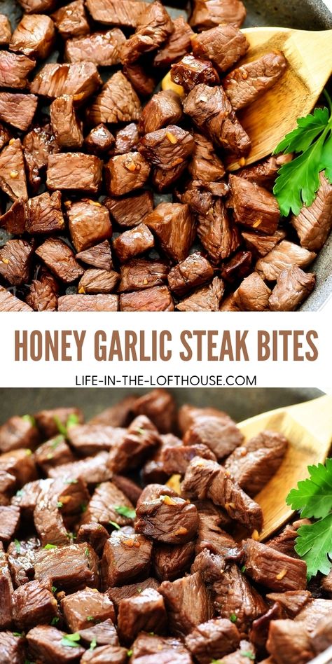 Honey Garlic Steak Bites Steak Pieces Recipes, Beef Steak Bites, Honey Steak, Honey Garlic Steak Bites, Honey Garlic Steak, Garlic Steak Bites, Steak Kebabs, Steak Bites Recipe, Garlic Steak