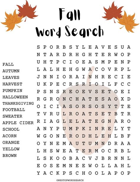 This fun "Fall Word Search" game is family fun for all age groups. Great for some quality time together in the Fall season, or to do leading up to the first day of Autumn.   People of all ages can enjoy this puzzle together! It can also help with children's word recognition and spelling. Great for schools, daycare, and child centers. This listing is for an instant digital DOWNLOAD. No physical product will be sent. This puzzle is non-editable. WHAT IS INCLUDED? - One PDF puzzle on an 8.5 x 11 si Fun Fall Activities For School Age, Fall Student Activities, October Games For Kids, Fall Spelling Words, Fun Fall School Activities, Fall Activities For After School Program, Fall Activities For Workplace, Fall Activities For 5th Grade, 5th Grade Fall Activities