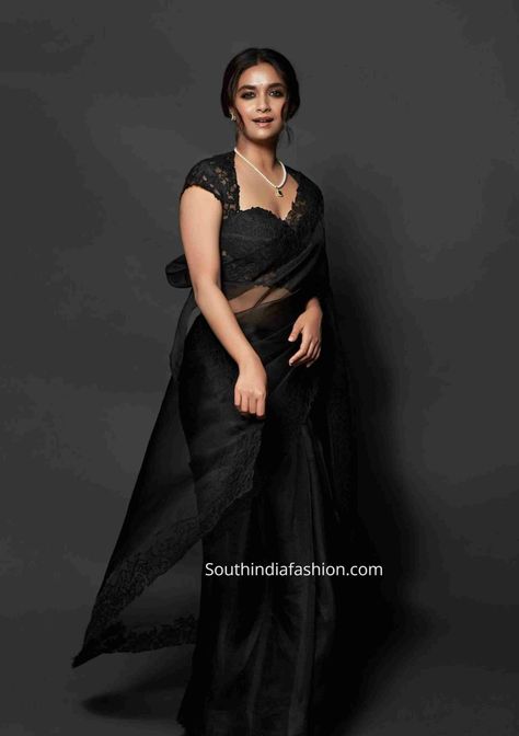 Keerthi Suresh Black Saree, Celebrities In Organza Sarees, Organza Sarees Black, Blouses For Organza Sarees, Simple Black Saree, Blouse Design For Organza Saree, Black Saree Look, Saree Ruffle, Black Saree Designs