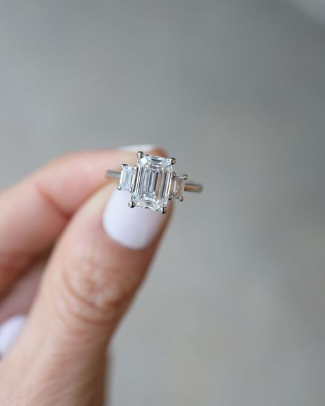 Baguette Trilogy Ring, Triple Emerald Cut Engagement Ring, Trilogy Engagement Ring Emerald Cut, Square Trilogy Engagement Ring, Trilogy Emerald Engagement Ring, Three Emerald Engagement Ring, 3 Emerald Engagement Ring, Engagement Rings Silver Emerald Cut, Emerald Trilogy Ring