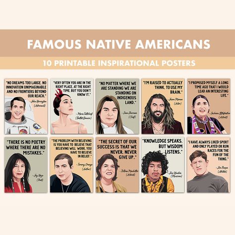 Inspire your class with this inspirational Native American poster set. With 10 printable posters included, it's perfect for your classroom wall to empower your students. Each poster has a high quality portrait and inprational quote. Perfect poster for your classroom fo Native American Heritage Month ▼10 PRINTS INCLUDED - John Herrington - Wilma Mankiller - Tommy Orange - Sean Sherman - Maria Tallchief - Jim Thorpe - Sacheen Littlefeather - Jason mamoa - Joy harjo - Jimi Hendrix PLEASE NOTE: Size Indigenous Classroom, Indian Boarding Schools, Posters For Classroom, Native American Heritage Month, Indigenous Peoples Day, Inspirational Printables, Printable Posters, Native American Heritage, Printable Books