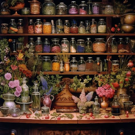 apothecary Olinda, Apothecary Bedroom Aesthetic, Herbal Garden Aesthetic, Apothecary Witch Aesthetic, Moody Apothecary Aesthetic, Herbal Shop Aesthetic, Dark Apothecary Aesthetic, Herbalist Decor, Witchy Shop Aesthetic