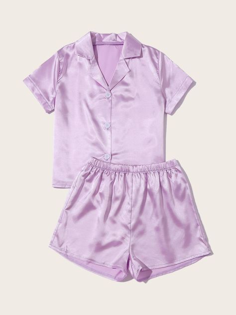 Girls Lapel Neck Satin PJ Set Purple Pjs, Pajamas Aesthetic, Girls Loungewear, Purple Pajamas, Satin Pj Set, Cute Pjs, Cute Sleepwear, Cute Pajama Sets, Looks Party