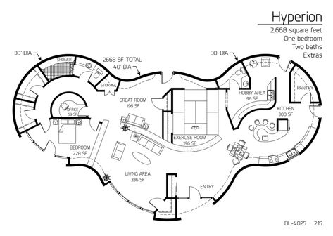 Hyperion: A 30', 40' and 30' Diameter Domed, 2,668 SF, One-Bedroom, One and a Half-Bath Floor Plan Underground Homes Plans, Cob House Plans, Monolithic Dome Homes, Hobbit Houses, Round House Plans, Silo House, Geodesic Dome Homes, Unique House Plans, Unique Floor Plans