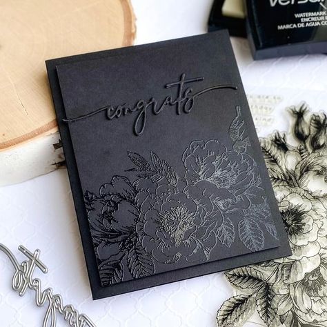 Colleen Beamish on Instagram: "I recently received a request for a “goth engagement card.” Here is the result! I love the clean and simple elegance of this totally black card. #handmadecard #cardmaker #cardmaking #papercrafting #heatembossing #diecutting #simonsaysstamp #thegreetery" Goth Engagement, Black Christmas Cards, Floral Cards Design, Engagement Card, Wedding Cards Handmade, Elegant Cards, Embossed Cards, Beautiful Handmade Cards, Black Card