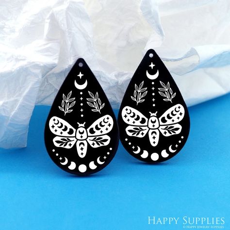 Black Acrylic Charms are printed with white Moth, and they are a great addition to any DIY earrings as well as any jewelry findings. Black Acrylic Earrings, White Acrylic Earrings, White Moth, Witchy Goth, Drops Of Water, Earrings Charms, Option B, Fabric Earrings, Earring Charms