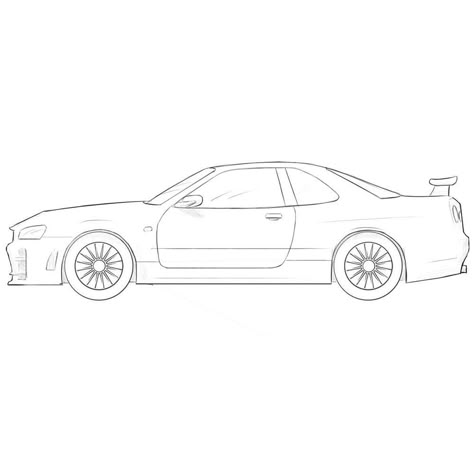 Skyline Gtr R34 Drawing Easy, Car Drawing Side View, Skyline Gtr Drawing, Car Side View Sketch, Car Drawing Sketches Easy, Gtr Sketch, Nissan Skyline R34 Drawing, Car Outline Drawing, Supra Drawing