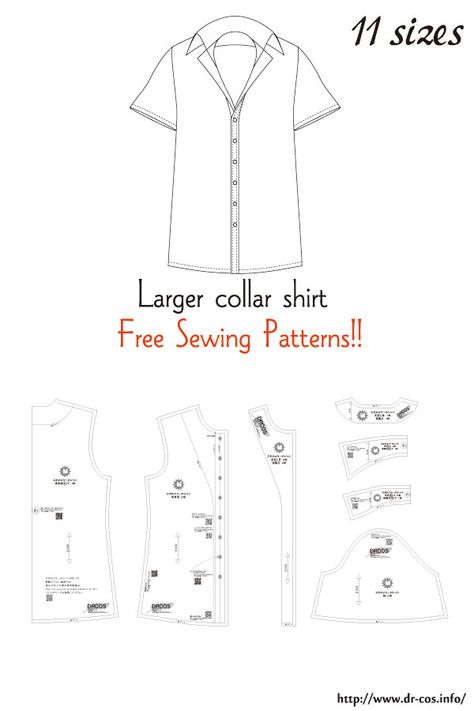 This is the pattern of a Larger collar shirt. inch size(letter size) Children's-4,8,10/Ladies'-S,M,L,LL/Men's-S,M,L,LL cm size(A4 size) Children's-100,120,140/Ladies'-S,M,L,LL/Men's-S,M,L,LL Collared Shirt Pattern, Diy Shirt Pattern, Cut A Shirt, Basic Shirts Pattern, Shirt Patterns For Women, Mens Shirt Pattern, Mens Sewing Patterns, Shirt Collar Pattern, T Shirt Sewing Pattern