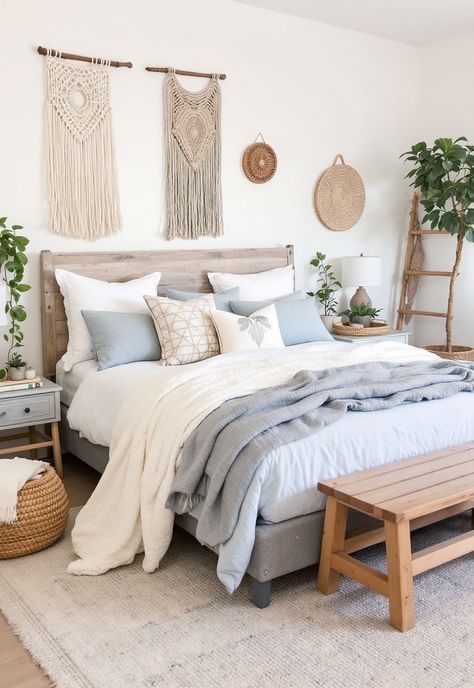 Light Blue Boho Bedroom Blue Bedroom With Plants, Boho Bedroom On A Budget, Coastal Teen Bedroom, Light Blue Boho Bedroom, Blue Boho Bedroom Ideas, Blue Boho Bedroom, Budget Lighting, Light Blue Bedroom, Cottagecore Bedroom