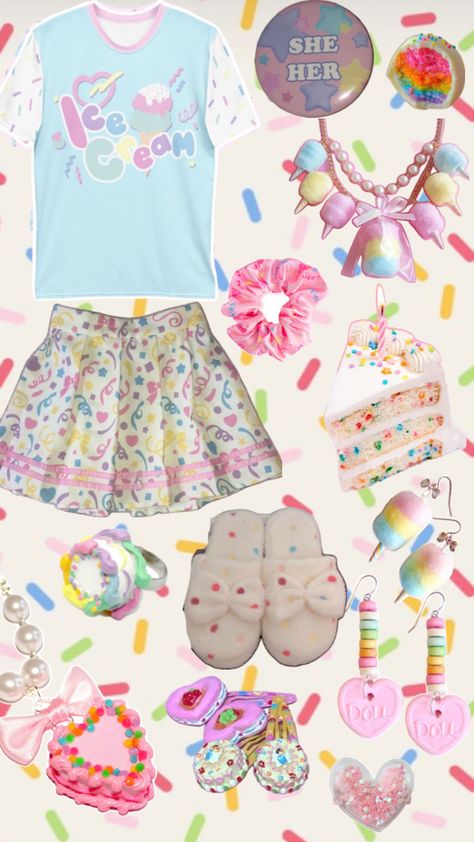 rainbow pink confetti outfit #kawaiifashion Confetti Outfit, Rainbow Outfit Aesthetic, Yumi Kawaii, Strawberry Shortcake Outfits, Harajuku Decora, Space Outfit, Pink Confetti, Yami Kawaii, Rainbow Outfit