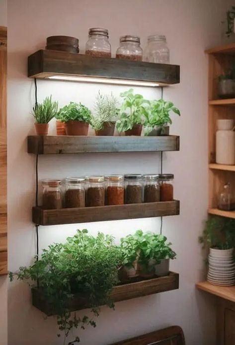 6.3-indoor-garden-ideas-shelves-with-light-15 Kitchen Fairy Lights, Indoor Grow Light Ideas, Hanging Plants Indoor Bedroom, Wall Hanging Decorations, Indoor Grow Lights, Indoor Vegetables, Indoor Plant Wall, Herb Wall, Earthy Decor