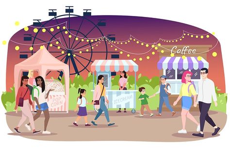 Fun Fair Drawing, Amusement Park Food, Market Cartoon, Vector Illustration People, Fair Carnival, Figure Drawings, Carnival Circus, Fun Park, Illustration People