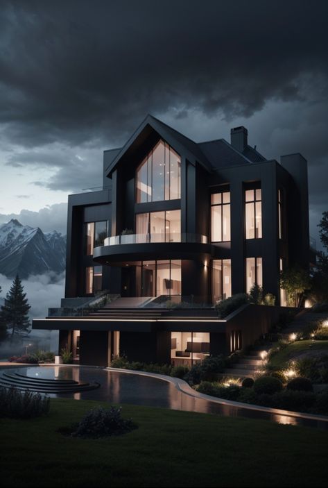 Dark mansion in foggy mountains Black Mansion Aesthetic, Black Mansion Exterior, Dark Modern Mansion, Black Aesthetic House, Dark Mansion Aesthetic, Dark House Aesthetic, Black Mansion, Dark Modern House, Dark Mansion