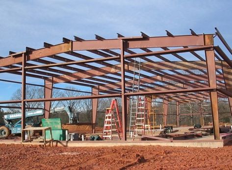 Red Iron General Steel Building General Steel Buildings, Residential Steel Buildings, Metal Buildings With Living Quarters, Steel Workshop, Steel Sheds, Building A Garage, Steel Frame House, Roof Beam, Steel Framing