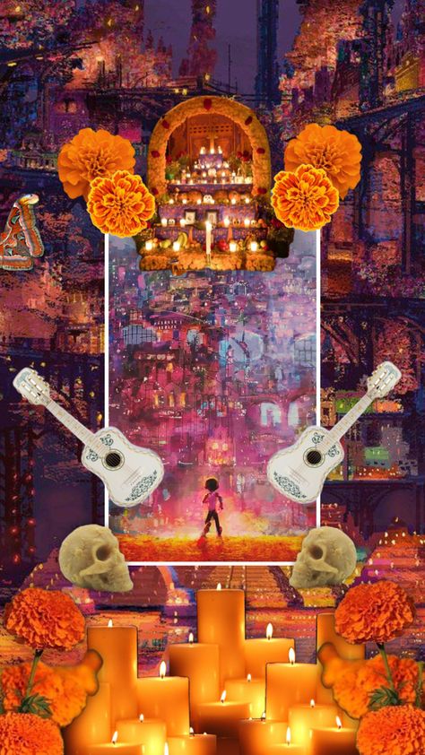 Coco #coco #pixar #pixarcoco #aesthetic #diadelosmuertos #disney #disneyaesthetic Coco Movie, Coco Disney, Movie Collage, Disney Aesthetic, Digital Art Illustration, Concept Architecture, Disney Wallpaper, Create Collage, Dia De Muertos