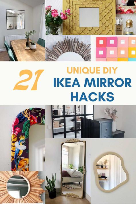 Discover the endless possibilities with our 21 IKEA mirror hacks. Whether you're looking to add a modern twist to your living room or a quirky touch to your bedroom, these DIY ideas are perfect for personalizing your space. Easy, affordable, and fun, these hacks will transform your IKEA mirrors into unique, eye-catching pieces of art Mirror Inspo Decor, Lindbyn Mirror Ikea Hack, Ideas For Mirrors Decorating, Mirrors Decoration Ideas, Upcycle Mirror Frame Diy, Ikea Hacks Mirror, Ikea Diy Mirror, Mirror Upgrade Diy, Decorative Mirrors Diy