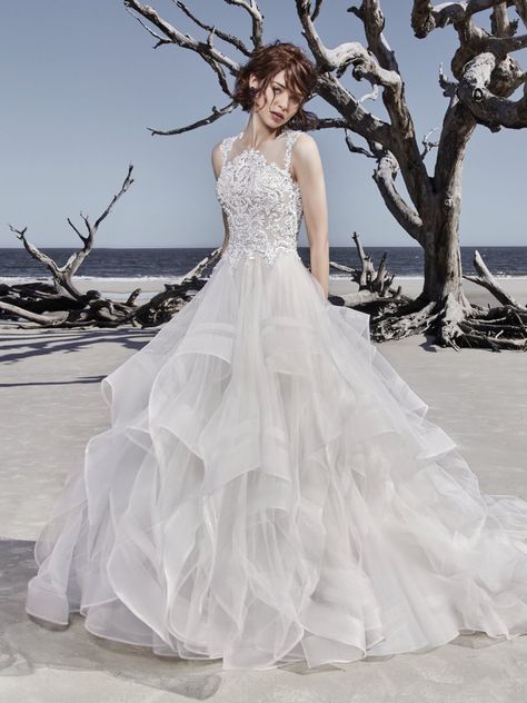 Sottero and Midgley - ARIYA, This modern princess ballgown features a beaded lace bodice, accented in Swarovski crystals, atop a tiered tulle skirt trimmed in horsehair. Beaded lace motifs complete the unique illusion jewel neckline and statement illusion back. Finished with crystal buttons and zipper closure. Maggie Soterro Wedding Dress, Maggie Soterro, Princess Ballgown, Sottero And Midgley Wedding Dresses, Sottero Midgley, Sottero And Midgley, Wedding Dress A Line, Anna Campbell, White Wedding Dress