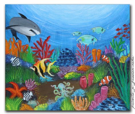 Underwater Life Painting, Life Underwater Drawing, Ocean Drawing Simple Underwater, Marine Life Drawing Simple, Marine Drawing Ocean, Ocean Chalk Art, Deep Sea Drawing, Underwater World Drawing, Marine Life Painting