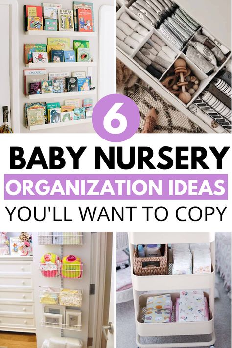 Nursery Organization Ideas | Are you preparing the nursery for baby? These 5 nursery organization ideas will help you find a place for all of baby's things. You'll find ways to organize the nursery closet, nursery dresser, baby clothes, diaper changing station and more. If you're in the nesting mode, organizing the baby's room is a must-do! #nurseryorganization #nursery Nursery Drawer Dividers, Nursery In Primary Bedroom, Diaper Cart Organization, Small Nursery Closet Organization, Diaper Storage Ideas, Nursery Clothes Organization, Organized Nursery, Baby Closet Storage, Nursery Drawer Organization