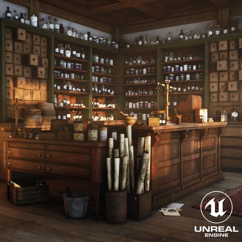 Old Pharmacy, Patrick Ziegler on ArtStation at https://www.artstation.com/artwork/e0zb3b Old Pharmacy Design, Vintage Pharmacy Aesthetic, Spell Components, Room House Design, Tea Party Recipes, Tea Room Design, Old Pharmacy, Victorian Age, Fantasy Shop