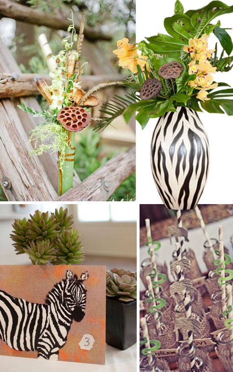 idea: zebra print vase Safari Wedding Theme, Zoo Themed Party, Jungle Centerpieces, Zebra Wedding, Themed Centerpieces, Jungle Wedding, 25th Anniversary Party, Safari Wedding, Africa Wedding