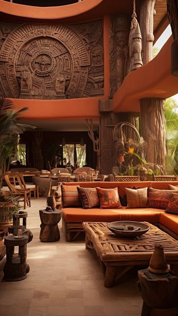 Aztec Inspired Living Room, Aztec Interior Design, African House Design, Africa Interior Design, Aztec Aesthetic, Futurism Architecture, Indian Living Room Decor, Exotic Bedrooms, African Interior Design