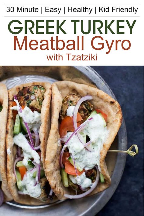 A healthy, 30 minute Greek Turkey Meatball Gyros recipe topped with a creamy Tzatziki Sauce you'll want to swim in! This Gyros recipe is the perfect healthy dinner option for the family. At  429 calories you can enjoy this healthy recipe whenever you want! Woohoo! #healthygreekrecipes #gyros #tzatzikisauce Greek Turkey Meatballs, Diet Dinner Recipes, Healthy Dinner Options, Easy Mediterranean Diet Recipes, Pasti Sani, Tzatziki Sauce, Makanan Diet, Läcker Mat, Diet Vegetarian