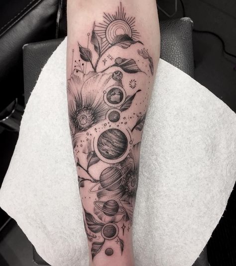 240+ Brilliant Science Tattoo Ideas and Designs (2023) - TattoosBoyGirl Solar System Wrap Around Tattoo, Solar System Half Sleeve Tattoo, Planet Tattoos Sleeve, Moon Phases Tattoo Sleeve, Space Themed Arm Sleeve, Cosmic Arm Tattoo, Science And Nature Tattoo, Solar System Leg Tattoo, Space Moon Tattoo