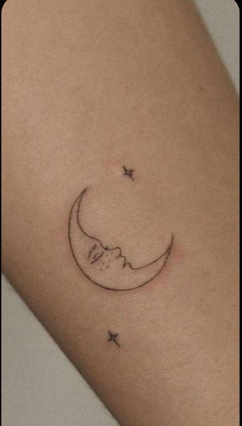 Simple Stars And Moon Tattoo, Cute Moon Tattoos For Women, Subtle Moon Tattoo, Cresent Tattoo Designs, Sun And Moon Stamp Tattoo, Cutesy Tattoos Simple, Crescent Moon Tattoo With Face, Sweet Dreams Tattoo, Tattoo Star And Moon