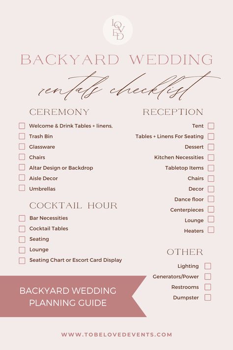 At Home Backyard Wedding, Backyard Wedding Itinerary, Backyard Wedding Layout Ceremony And Reception, Backyard Wedding Menu Ideas, Backyard Wedding Tips, Planning A Backyard Wedding, Wedding Ceremony In Tent, Backyard Wedding Planning Checklist, Backyard Wedding List