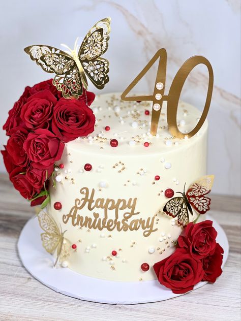 Simple Anniversary Cakes, 40th Wedding Anniversary Cake, 40th Birthday Cake For Women, Birthday Cake For Women Simple, Anniversary Cake Designs, Red Birthday Cakes, Happy Anniversary Cakes, Cake For Husband, Wedding Anniversary Cakes