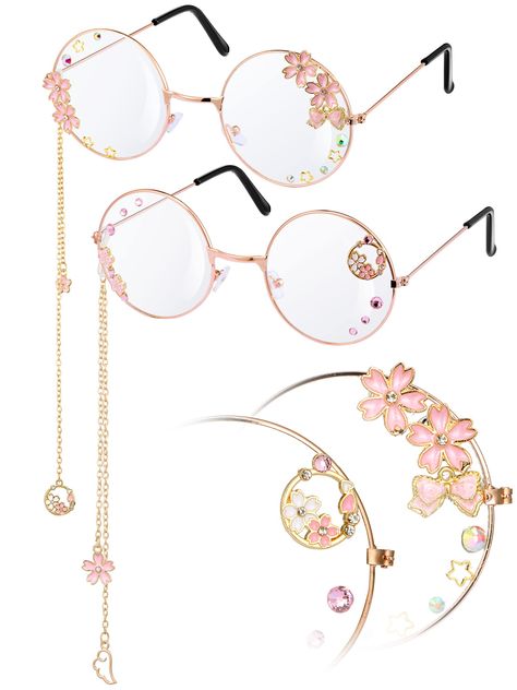 PRICES MAY VARY. Kawaii Glasses Set: the package comes with 2 pairs of sakura glasses with chains in 2 different colors and designs, one with gold rim and the other one with rose gold rim, enough quantity and styles to satisfy your daily wear and replacement needs Suitable Size: the diameter of the round glasses lens is about 2 inches/ 5 cm, the width of the nose bridge is about 0.8 inch/ 2 cm, the arm length is about 5.1 inch/ 13 cm, and the total length of the glasses chain is approx. 5.51 inc Glasses With Chain, Kawaii Glasses, Fake Glasses, Eyeglass Accessories, Gothic Pendant, Cosplay Cute, Clothing Design Sketches, Cute Glasses, Girls Dress Up