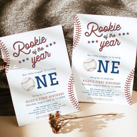 Rookie of the Year First Birthday Baseball Party for $3.03 - Birthday Invitations Baseball Fourth Birthday, Baseball 4th Birthday Party, Baseball Party Invitations, Baseball Theme Birthday, Baseball First Birthday, Boys First Birthday Party Ideas, Baseball Birthday Party, 1st Birthday Party Themes, Rookie Of The Year