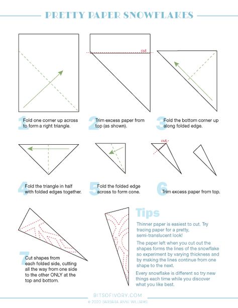 Step-by-step instructions for gorgeous paper snowflakes!  Printable instructions include diagrams and examples with a few bonus tips. How To Do A Snowflake Paper, Snow Flake Designs Paper, How To Make Cute Snowflakes Out Of Paper, Construction Paper Snowflakes Easy, Make Your Own Snowflakes, Cute Paper Snowflake Designs, Snow Flake Pattern Snowflake Template, Paper Snowflake Folding, How To Make Cool Paper Snowflakes