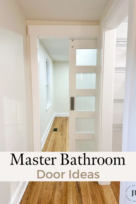 master bathroom door ideas including pocket and sliding Hidden Bathroom Door In Kitchen, Bathroom With No Door Ideas, Bedroom Bathroom Door Ideas, Bathroom With French Doors, Master Bath Doors, French Door Bathroom Entrance, Ensuite Bathroom Door Ideas, Modern Bedroom Door Design Master Bathrooms, Bathroom Door With Window