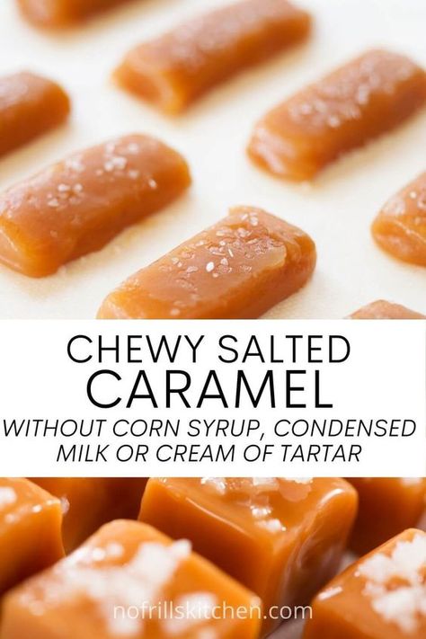 Salted Caramels Recipe, Easy Caramel Candy, Caramel Corn Recipe Easy No Corn Syrup, Homemade Chewy Caramel, Chewy Caramel Recipe No Corn Syrup, Homemade Salted Caramel Candy, Homemade Caramels Without Corn Syrup, Caramel Candy Recipe Without Corn Syrup, Easy Chewy Caramel Recipe