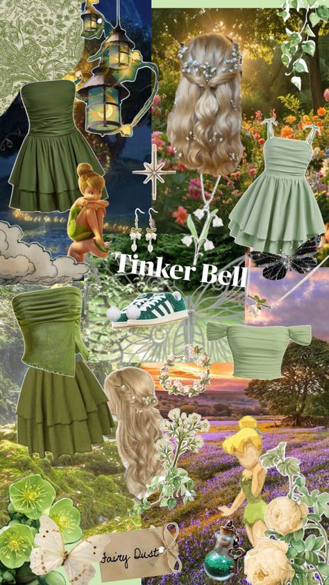 Green Tinkerbell Dress, Tinker Bell Outfit Ideas, Tinker Bell Inspired Outfits, Tinkerbell Inspired Outfits, Tinkerbell Disneybound, Descendants Auradon, Disney Oc, Tinkerbell Halloween Costume, Tinkerbell Outfit