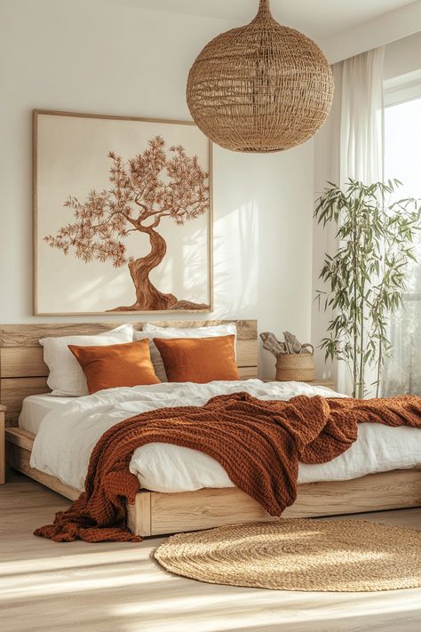 Transform your bedroom with stunning wall art ideas! This boho-chic bedroom features warm earthy tones and a beautiful tree artwork that adds a touch of nature. Discover more decor inspiration and create your dream space. #WallArtIdeas #BohoDecor #HomeInspiration Cosy Bedroom Ideas Aesthetic, Natural Bedroom Decor Earth Tones, Floral Boho Bedroom, Bedroom Ideas Boho Earthy, Boho Earthy Bedroom, Earthy Tone Bedroom, Desert Inspired Bedroom, Earthy Bedrooms, Spa Inspired Bedroom