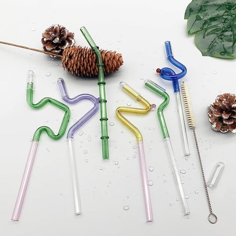 6 Pcs Multicolor Clear Curved Reusable Glass Straws | Colored Glass Drinking Straws | Bendy Straws | Cute Straws | Crazy Straws | Silly Straws | with 6 Pcs Glass Straw Caps and a Cleaning Brush Silly Straws, Fun Drink Recipe, Crazy Straws, Tea Juice, Hobbit Hole, Glass Straws, Cooking Kitchen, Drink Recipes, Fun Drinks