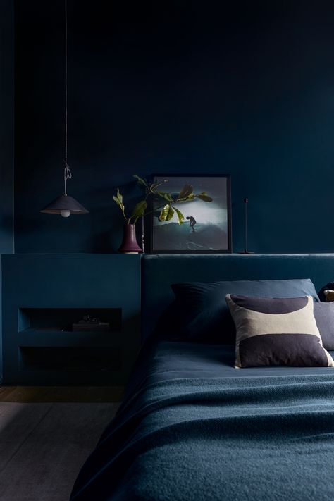 These 3 Paint Colors Transformed Garance Doré’s Just-Decorated Home Navy Upholstered Bed, Hague Blue, Brighter Bedroom, Navy Walls, Moody Bedroom, Dark Bedroom, Deco Bedroom, Light Grey Walls, Interiors Inspiration