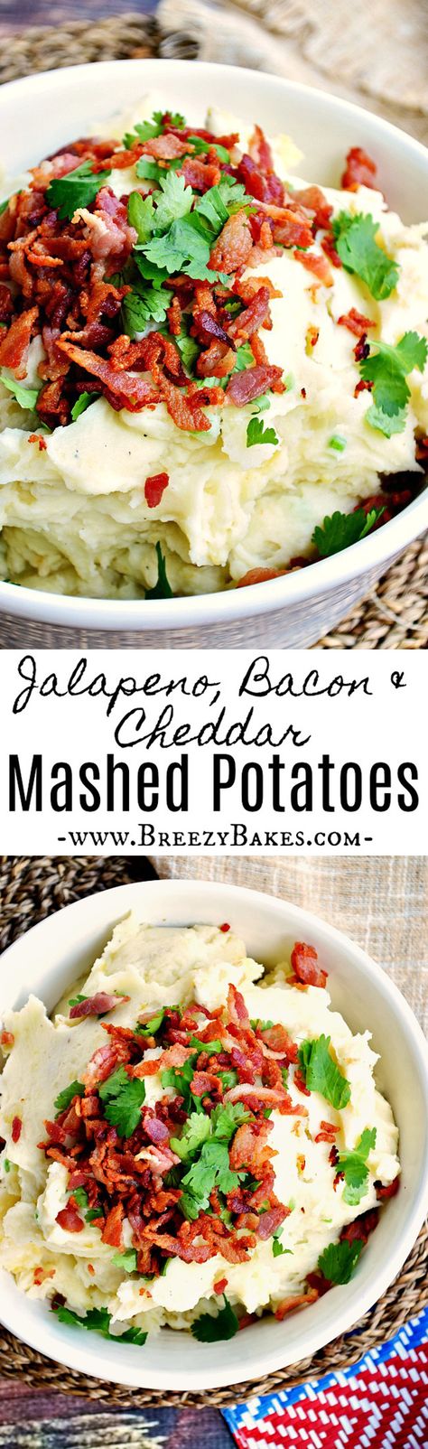 Golden Potato Recipes, Jalapeno Bacon, Bacon Mashed Potatoes, Cheddar Mashed Potatoes, Cheese Mashed Potatoes, Jalapeno Cheese, Stuffed Jalapenos With Bacon, Mashed Potato Recipes, Bacon Cheddar