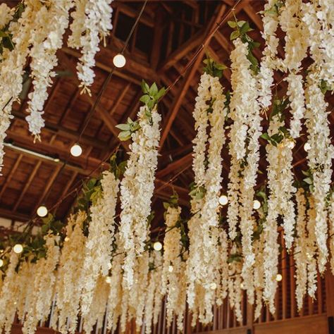 Home Wedding Reception Decorations, Hanging Flowers At Wedding, Floating Florals Wedding, Hanging Wisteria Wedding Diy, Hanging Wedding Decorations Ceilings, Hanging Flowers Wedding Reception, Hanging Lights Wedding Reception, Ceiling Flowers Wedding, Barn Reception Decorations