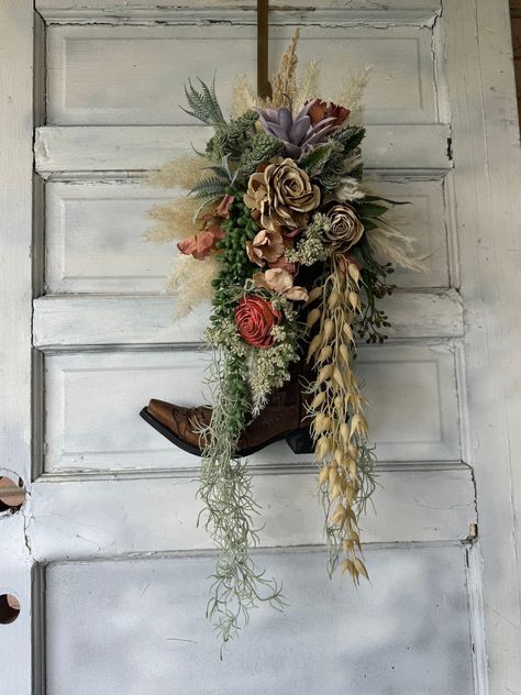 Western Succulent Cowboy Boot Centerpiece or Wreath. Cowgirl Home Decor. Country Western Door Decor. Southwestern Desert Decor. - Etsy Bohemian Cowboy Decor, Glass Cowboy Boot Vase, Western Fall Decor Ideas, Victorian Western Decor, Cowboy Boot Decor, Western Front Porch, Western Shelf Decor, Western Home Decor Diy, Western Fall Decor