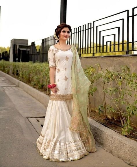 Nikha dresses ideas Nikha Dresses Pakistani, White Garara Dress, Saree Styles Modern, Lehenga Patterns, Colorful Style Outfits, Garara Dress, Lehenga Color Combinations, Dresses Pakistani, Nikah Dress