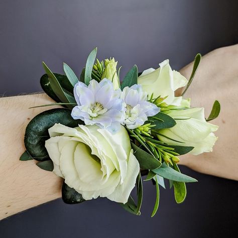 Fresh floral wrist corsage with white flowers and blue accents Blue And White Corsage, Blue Wrist Corsage, Floral Wrist Corsage, Boutineer Wedding, Blue Corsage, White Corsage, Wrist Corsage Wedding, Wrist Flowers, White And Blue Flowers