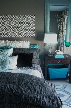 Gray and Turquoise Bedroom contemporary-bedroom Gray And Turquoise Bedroom, White And Turquoise Bedroom, Turquoise Bedroom Decor, Turquoise Bedroom, Modern Bedroom Colors, Dark Academia Room Decor, Turquoise Room, Bedroom Gray, Bedroom Turquoise