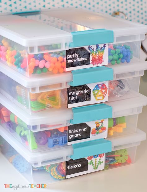 Table Supply Bins For Classroom, Stem Boxes First Grade, Classroom Toys Kindergarten, Brain Box Ideas, Stem Bin Storage Ideas, Kindergarten Classroom Toys, Stem Bins 4th Grade, Stem Bins First Grade, Classroom Organization Preschool